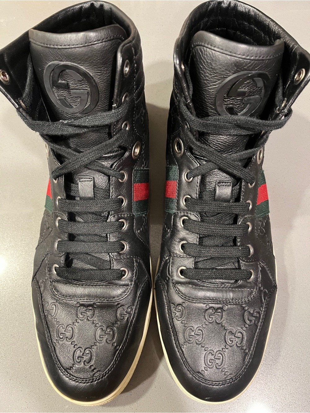 Gucci Black Leather High-Top Sneakers with Green-Red Web Stripe